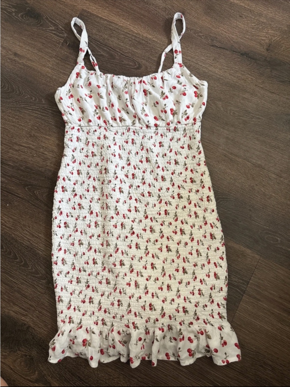 Abercrombie & Fitch White Cherry-Print Smocked Mini Dress